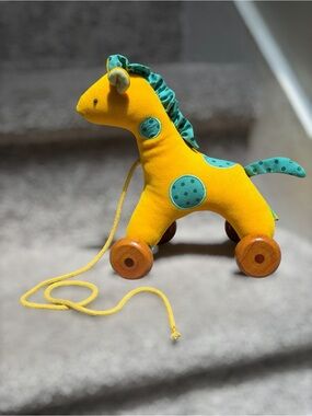 Vintage 2003 Rich Frogâ Giraffe Pull Toy Plush Wooden Wheels Montessori Waldorf